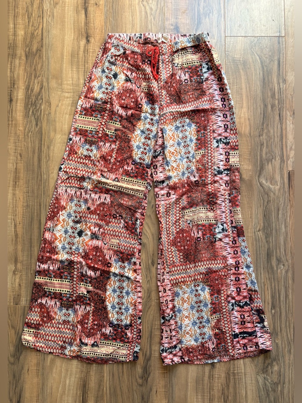 Japna Women's M Boho Patchwork Wide Leg Palazzo Pants Red Pink Rayon